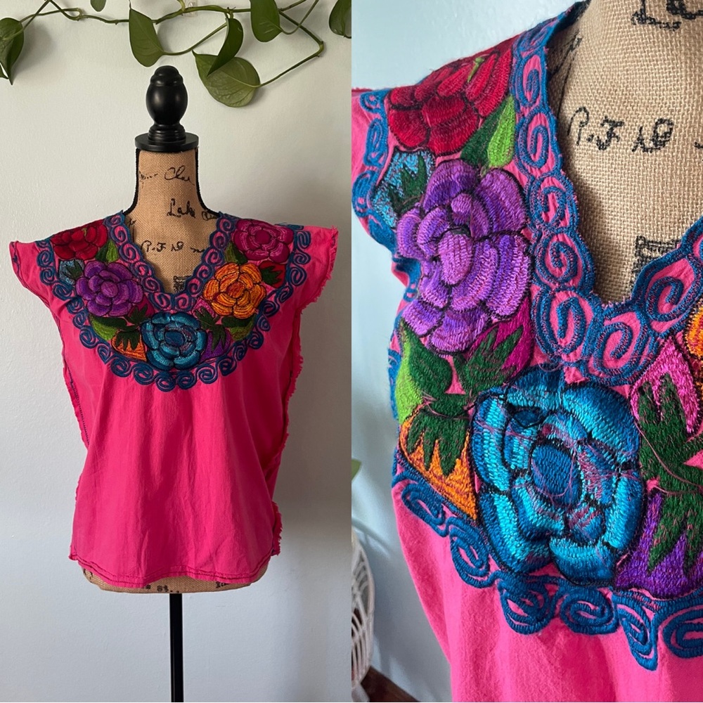 Vintage Floral Embroidered Pink Top
